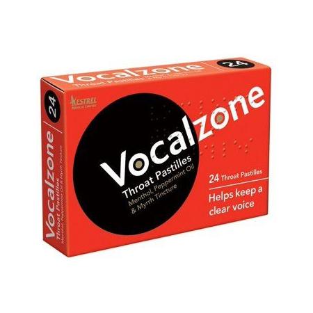 Vocalzone Throat 24 Pastilles in packaging, soothing throat pastilles by Pasteur Pharmacy for voice comfort and relief.