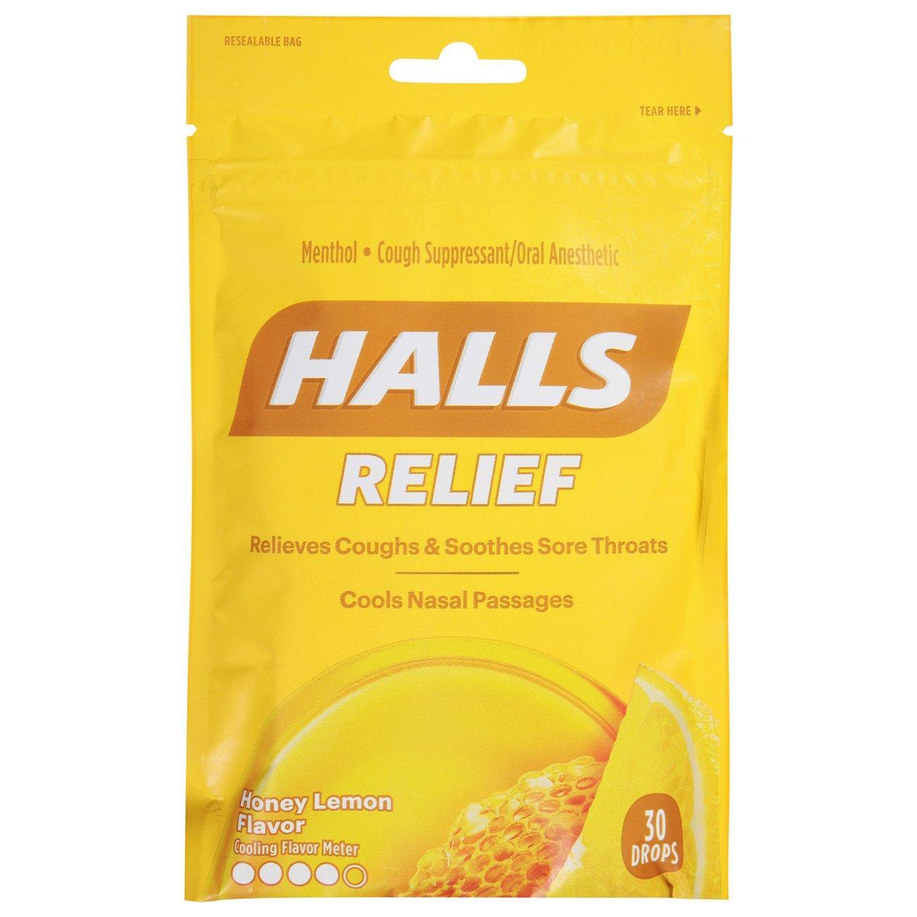 Halls Honey Lemon Flavor Throat Relief drops by Pasteur Pharmacy, 30 drops to soothe sore throats and coughs naturally.