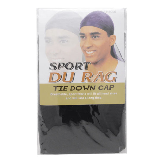 Sport men's Du Rag tie-down cap by Pasteur Pharmacy, shown in black with adjustable strap and tie-down design.
