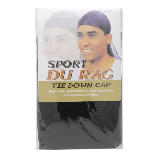 Sport men's Du Rag tie-down cap by Pasteur Pharmacy, shown in black with adjustable strap and tie-down design.