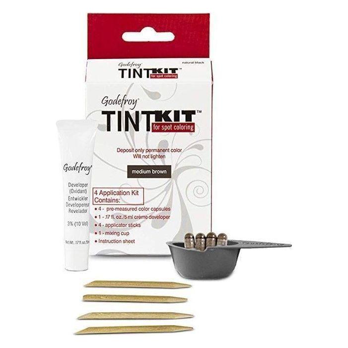 Godefroy Tint Kit Medium Brown by Pasteur Pharmacy, 4-application eyebrow and facial tinting kit with applicator bottles and instructions.