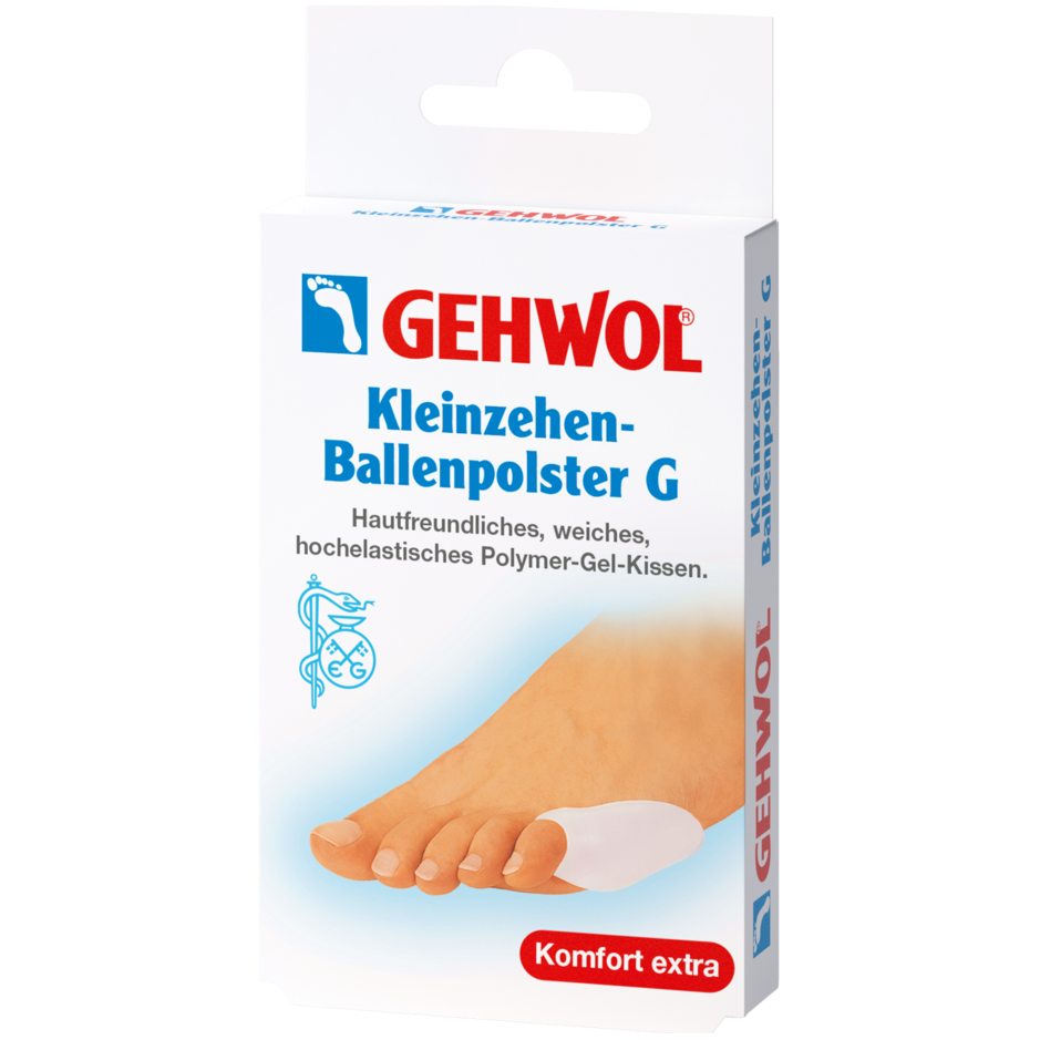 Gehwol small toe pad cushion by Pasteur Pharmacy, soft gel pad for toe comfort, shown on a foot with the cushion in use.