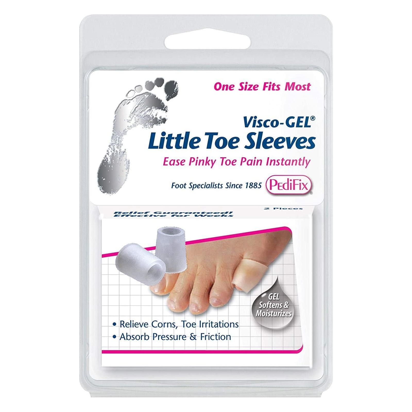 PediFix Visco-Gel Little Toe Sleeves in a 2-pack, clear gel toe protectors for small toes, designed for comfort and pain relief.