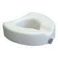 Graham Field raised toilet seat with locking mechanism, no armrests, for improved comfort and safety in bathroom.