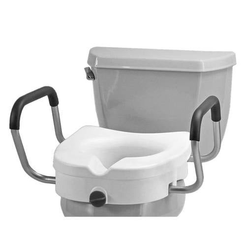 White Nova 5-inch raised toilet seat with arms from Pasteur Pharmacy, designed for added comfort and support.