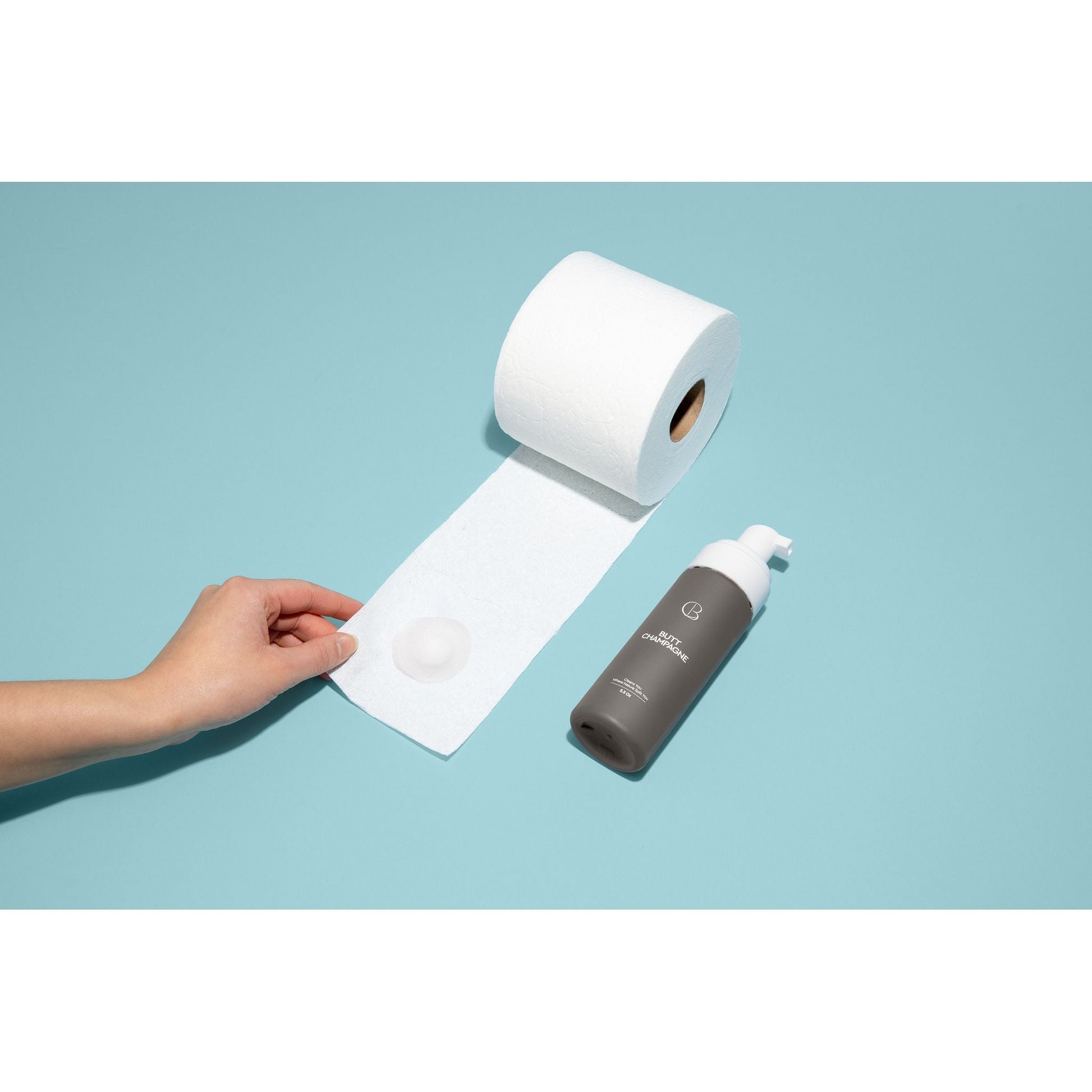 Foam toilet paper from Pasteur Pharmacy, Butt Champagne scent, 5.5oz bottle with fluffy foam for hygienic use