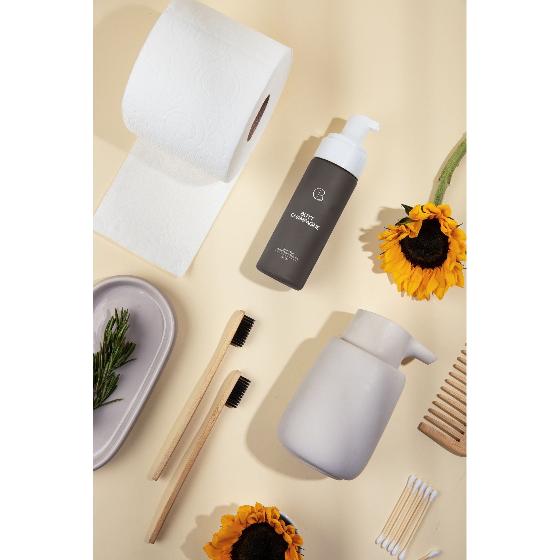 Foam toilet paper by Pasteur Pharmacy, Butt Champagne scent, 5.5oz bottle, soft and foaming bathroom hygiene product.