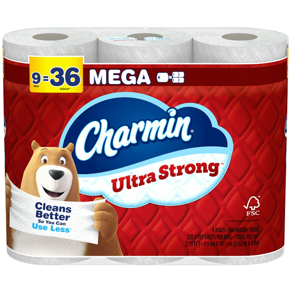 Charmin 2-ply unscented mega rolls bathroom tissue, soft toilet paper with embossed design, in its packaging.