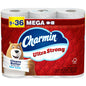 Charmin 2-ply unscented mega rolls bathroom tissue, soft toilet paper with embossed design, in its packaging.