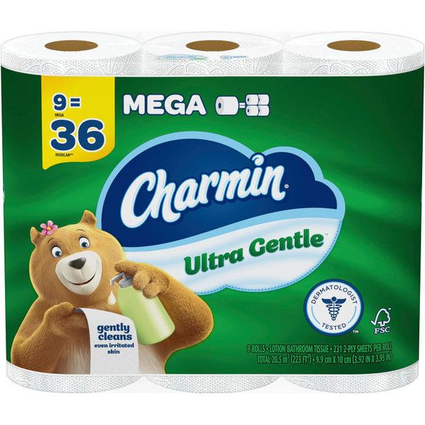 Charmin Ultra Gentle toilet paper, 9 mega rolls, soft and softening toilet paper from Pasteur Pharmacy.