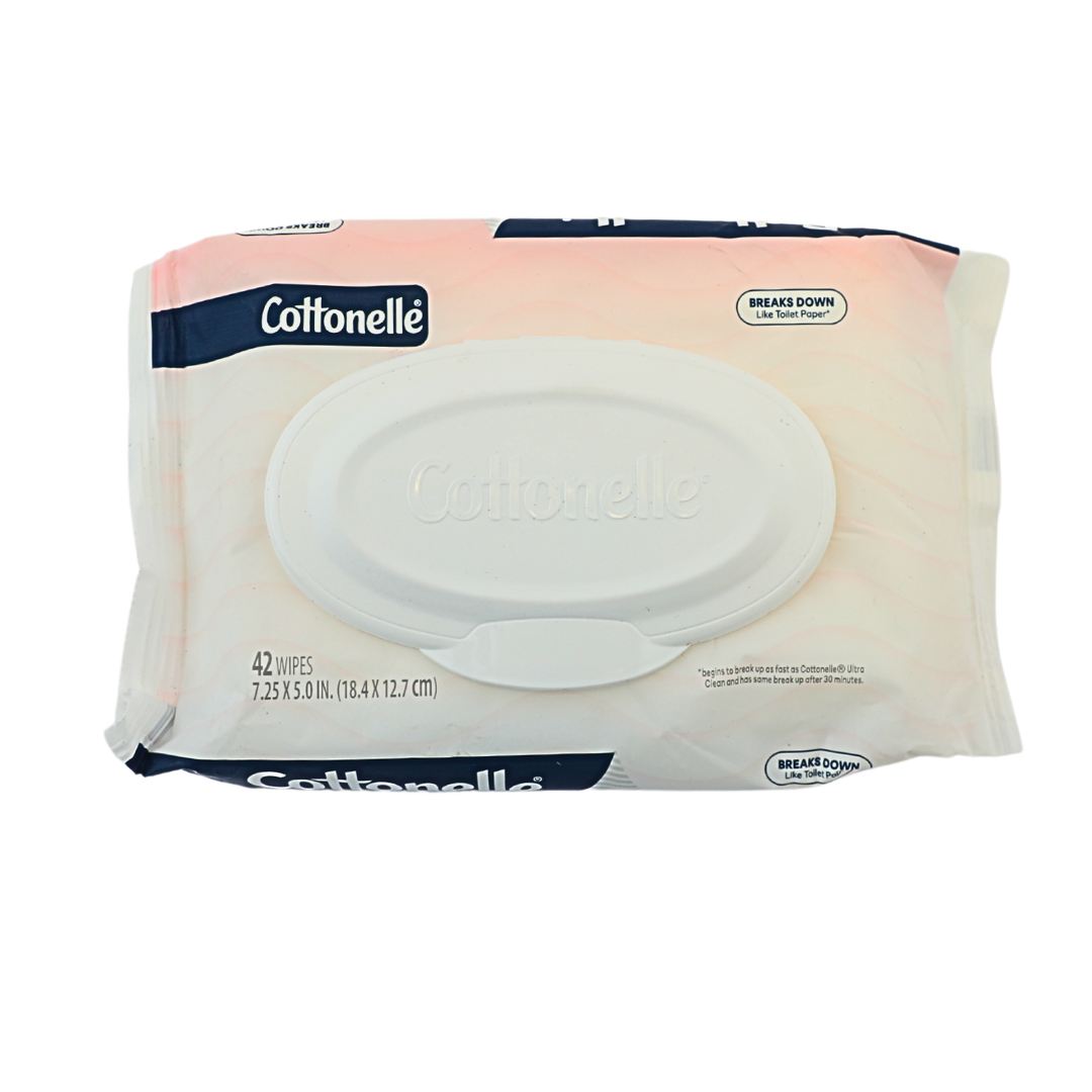 Cottonelle fragrance-free flushable wet wipes in a Flip-Top pack, designed for gentle cleaning and bathroom freshness.