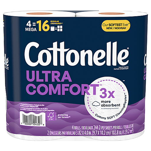 Cottonelle Mega Rolls 2-Ply Toilet Paper from Pasteur Pharmacy, soft and absorbent bathroom tissue, natural white rolls.