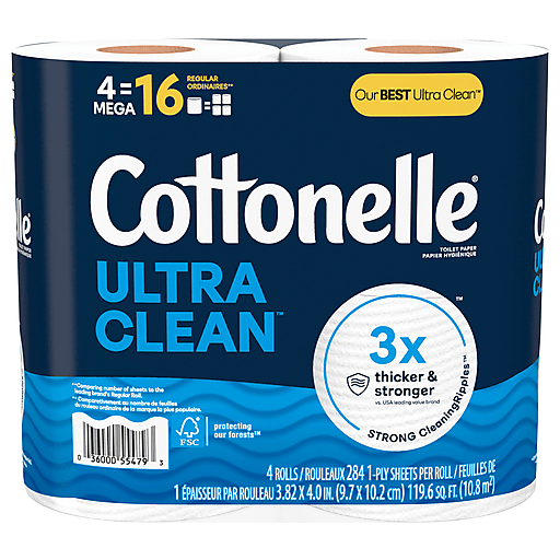 Cottonelle Ultra Clean toilet paper in 4 mega rolls, soft and strong bathroom tissue from Pasteur Pharmacy.