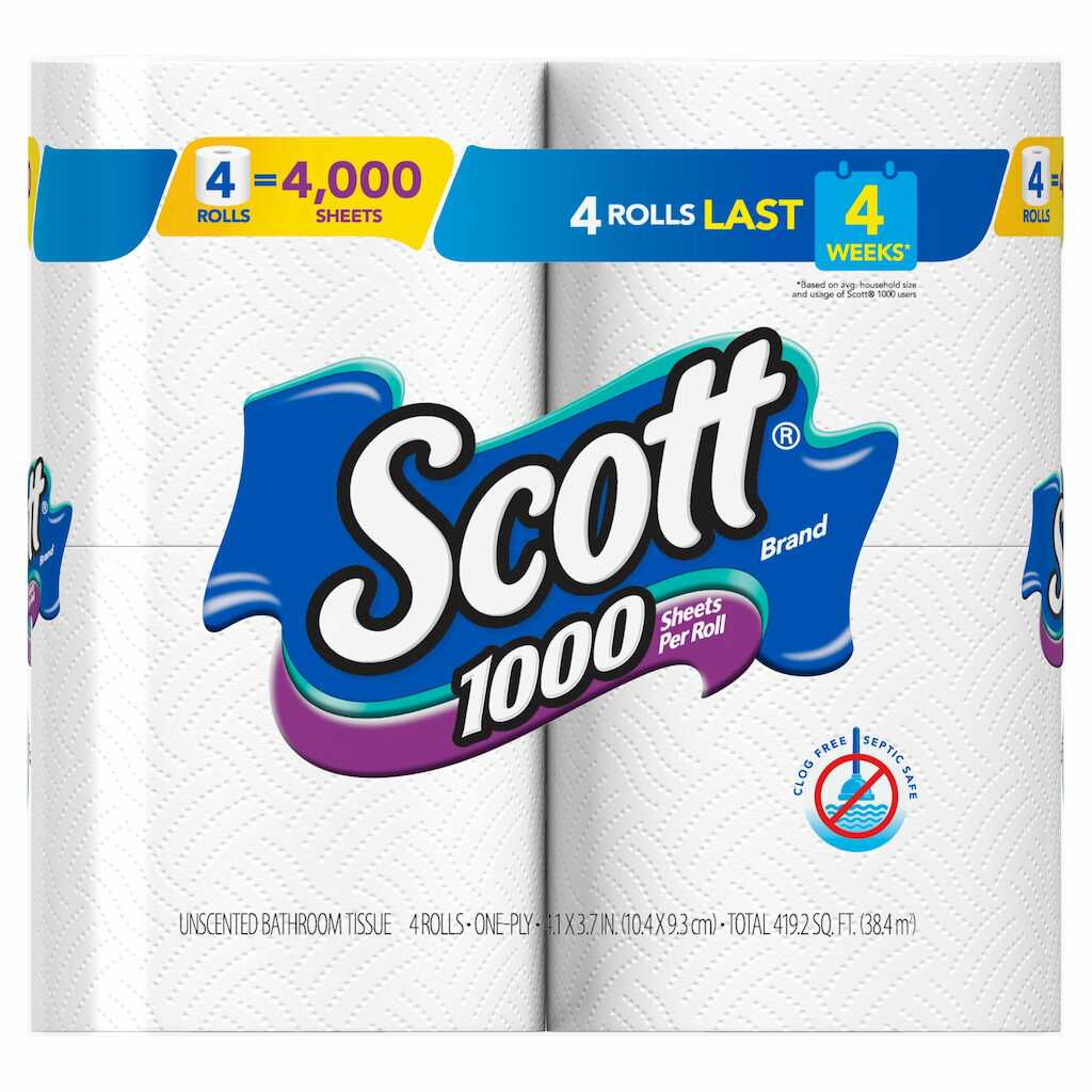Scott Bath 1000 Toilet Paper from Pasteur Pharmacy, 12 rolls of soft, durable tissue for everyday bathroom use.