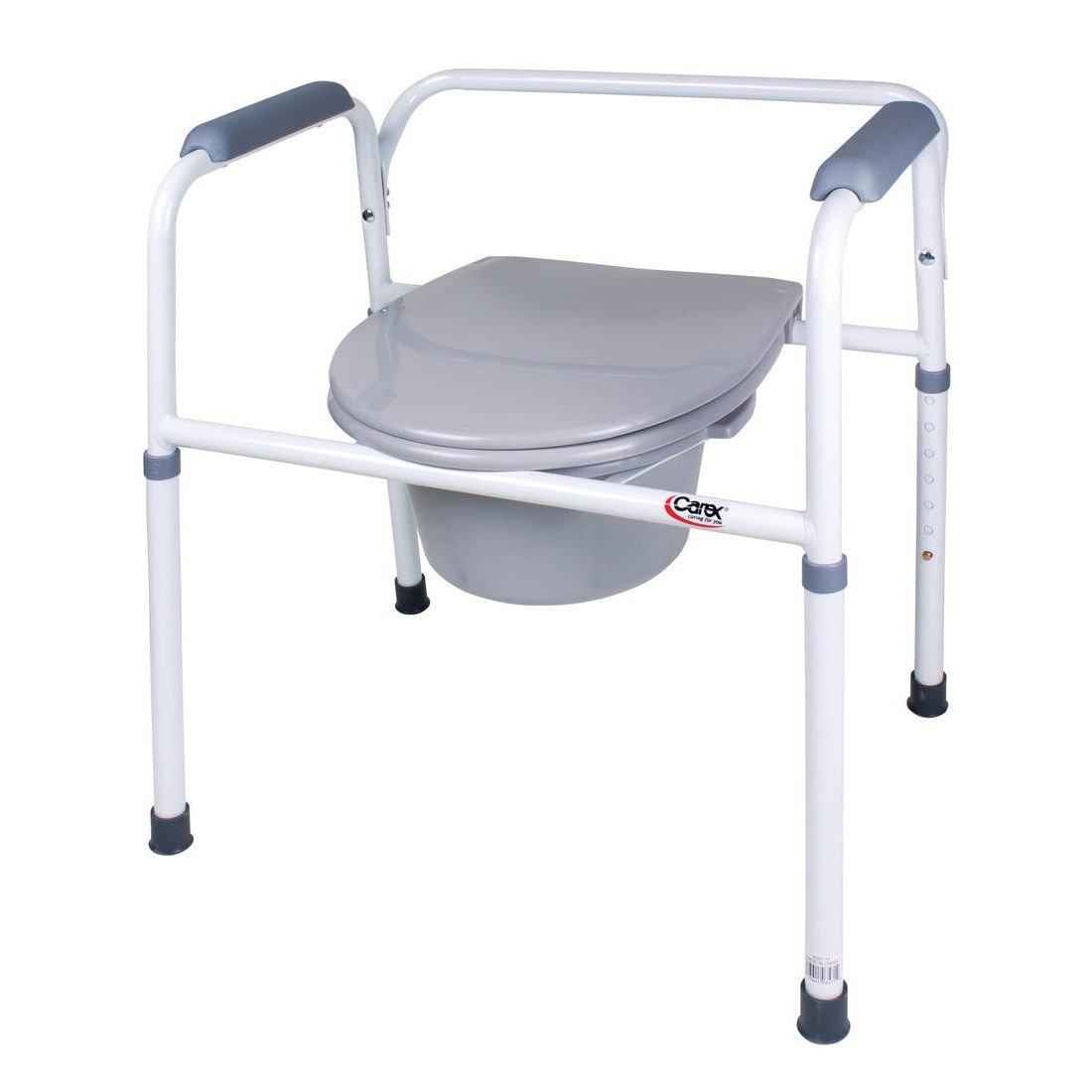 Carex bedside steel commode in metallic finish with armrests and adjustable height for convenient bedside bathroom use.