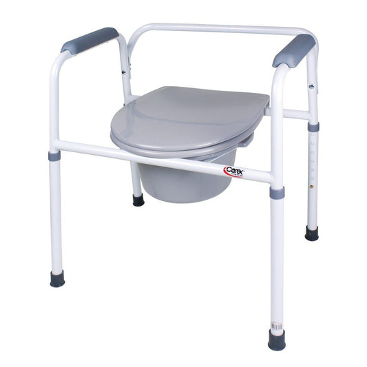 Carex bedside steel commode in metallic finish with armrests and adjustable height for convenient bedside bathroom use.