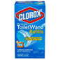 Clorox ToiletWand disinfecting refill heads attached to a disposable wand for cleaning toilets.
