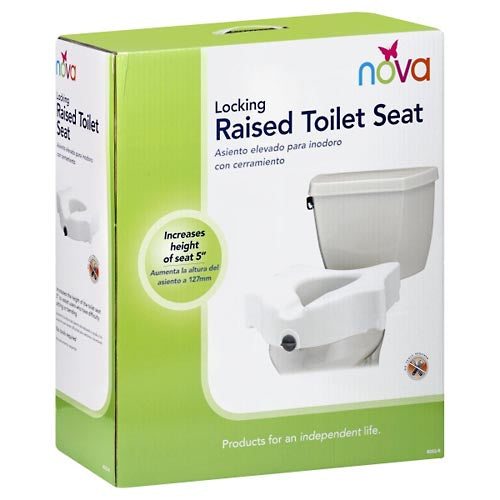 White Nova 5-inch raised toilet seat with front lock for enhanced safety and comfort, designed by Pasteur Pharmacy.