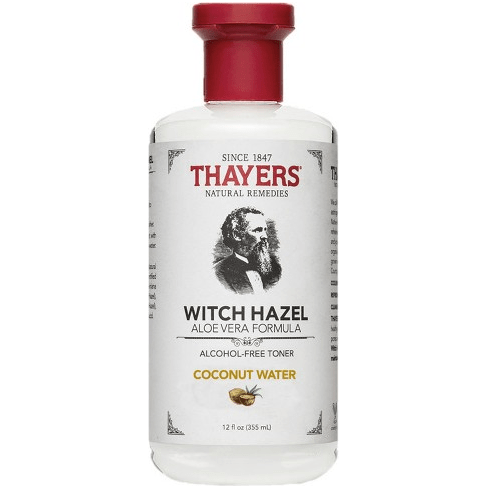 Thayers Witch Hazel Alcohol-Free Toner with Coconut Water, 12 oz, in a clear bottle with a white cap and label showing coconut imagery.