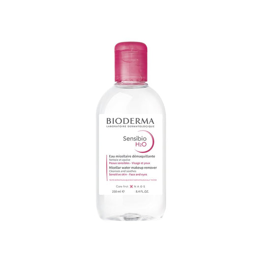 Bioderma Sensibio H2O Micellar Water for sensitive skin, 250 ml, in a clear bottle with a blue cap, gentle skincare toner.