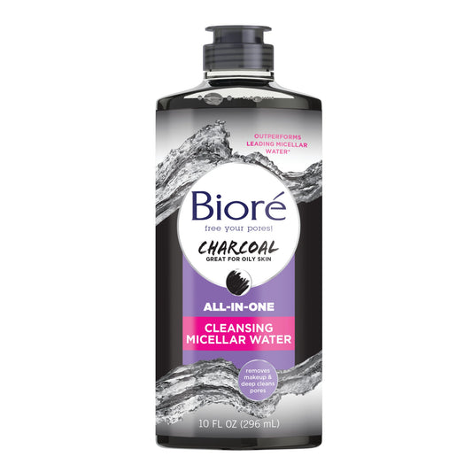 Biore Charcoal All-In-One Cleansing Micellar Water in 10 oz bottle, a toner from Pasteur Pharmacy with charcoal for deep cleansing.