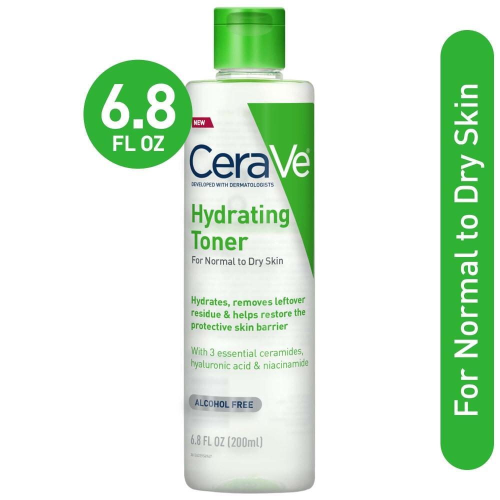 CeraVe Hydrating Face Toner for normal to dry skin in a 6.8 oz bottle, with a clear label and blue cap, on a white background.