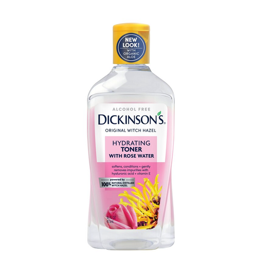 Dickinson's Witch Hazel Hydrating Toner with Rosewater in a 16 Fl Oz bottle, alcohol-free, natural formula, for gentle skincare.