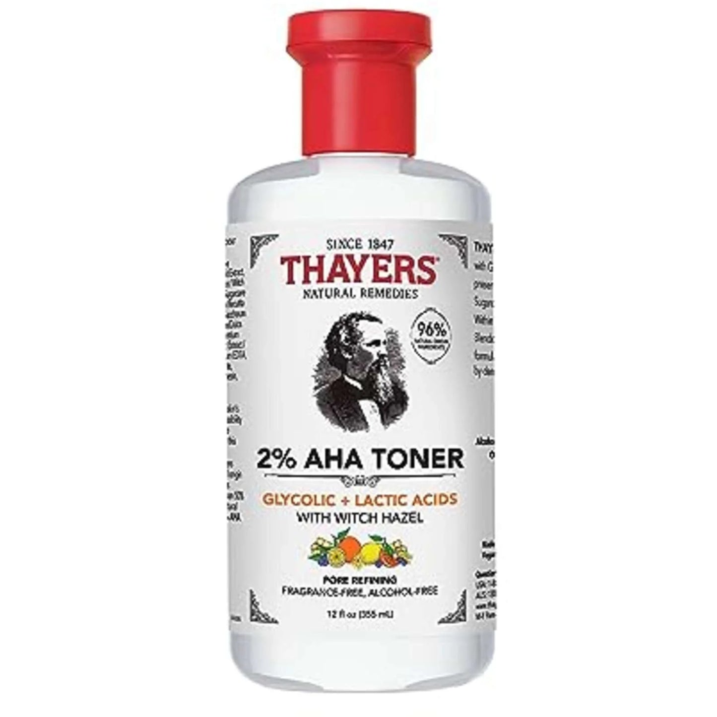 Thayer's Exfoliating 2% AHA Toner in a 12oz bottle, gentle exfoliating toner from Pasteur Pharmacy with natural ingredients.