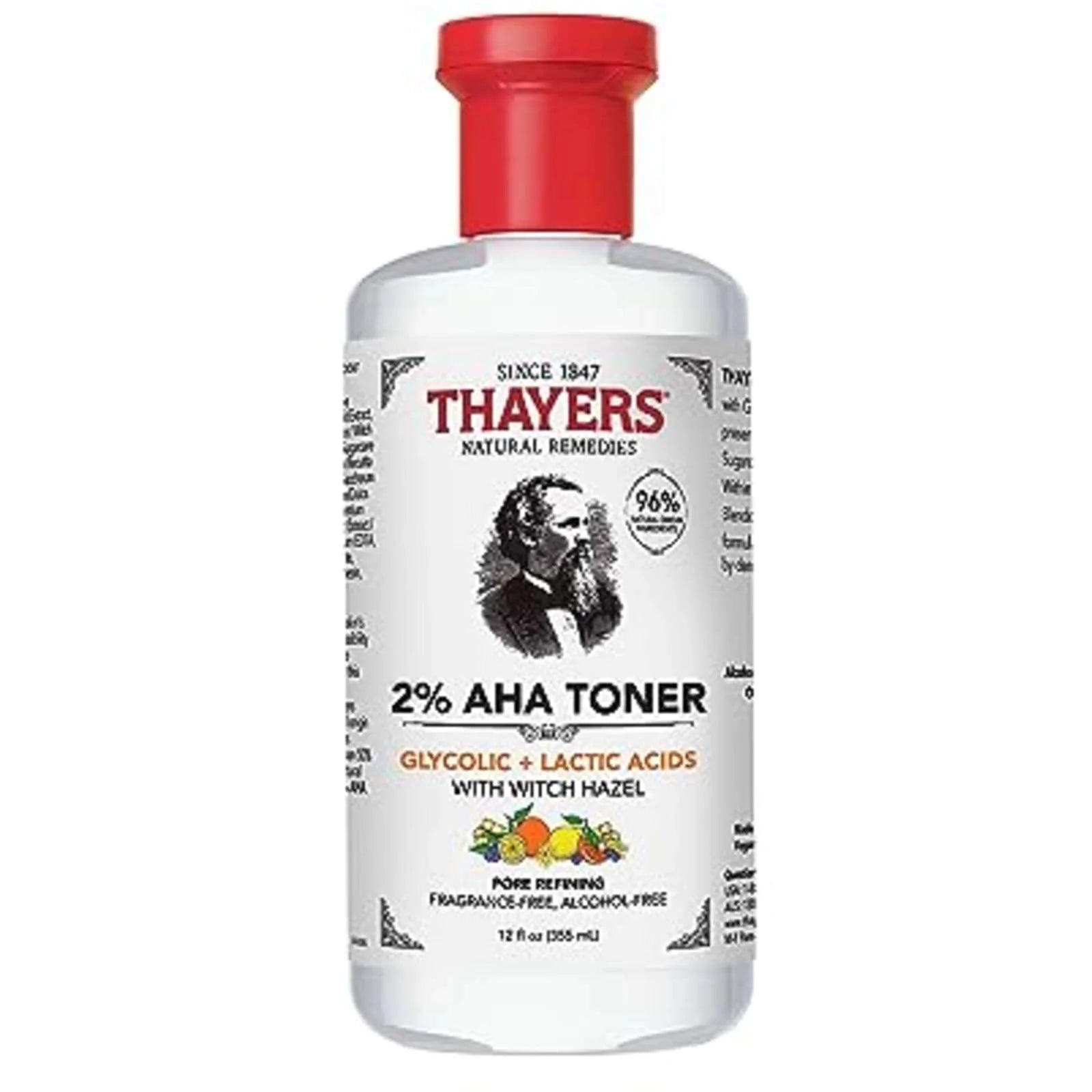 Thayer's Exfoliating 2% AHA Toner in a 12oz bottle, gentle exfoliating toner from Pasteur Pharmacy with natural ingredients.