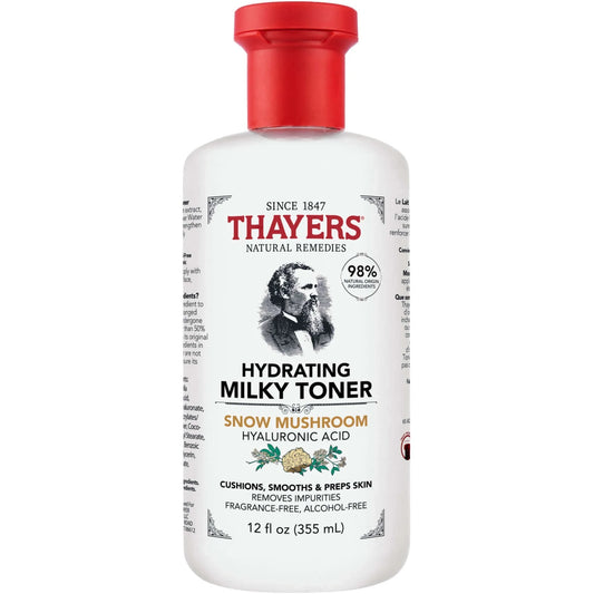 Thayer's Hydrating Milky Toner in 12oz bottle, gentle skin toner with nourishing ingredients, from Pasteur Pharmacy.
