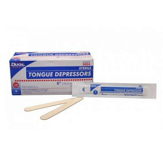 Dukar non-sterile senior 6-inch tongue depressors from Pasteur Pharmacy, 100-piece box, showing wooden medical tongue depressors.