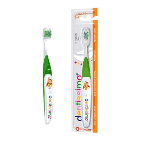 Dentissimo Junior 6+ years soft toothbrush by Pasteur Pharmacy with colorful handle and small brush head for kids' dental care