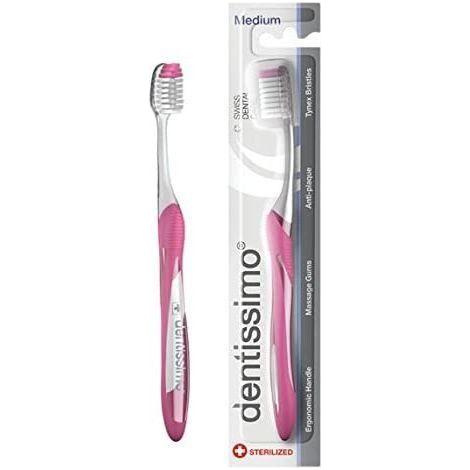 Pink Dentissimo Toothbrush by Pasteur Pharmacy with medium bristles, designed for effective oral cleaning.