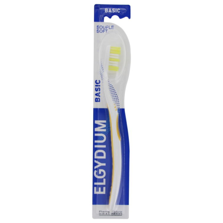 Yellow Elgydium Basic Soft Toothbrush by Pasteur Pharmacy with soft bristles for gentle oral cleaning.