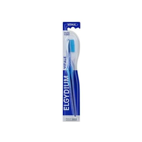 Elgydium Classic hard toothbrush in assorted colors, featuring a plastic handle and bristles for effective dental cleaning.