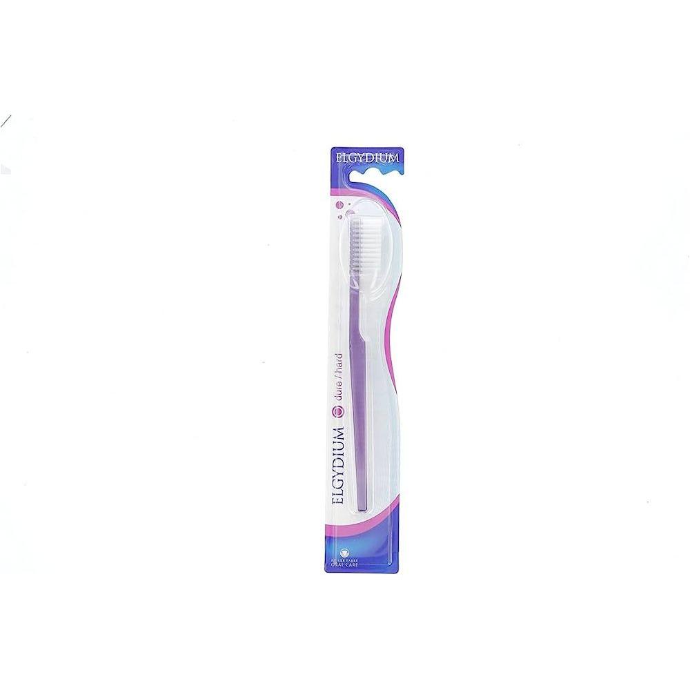 Elgydium Diffusion toothbrush with hard bristles, imported by Pasteur Pharmacy, showing a close-up of the toothbrush head and handle.