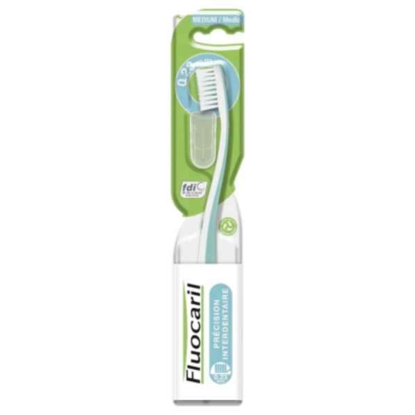 Green Fluocaril Interdental Precision toothbrush by Pasteur Pharmacy with 0.23mm medium bristles for effective interdental cleaning.
