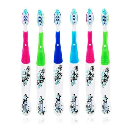 Oral B CrossAction soft bristle manual toothbrush for kids 6+ in stars blue and black, designed for gentle cleaning.