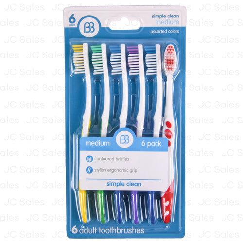 Box of 12 Brush Buddies Simple Clean Medium Toothbrushes by Pasteur Pharmacy, featuring ergonomic handles and soft bristle heads.