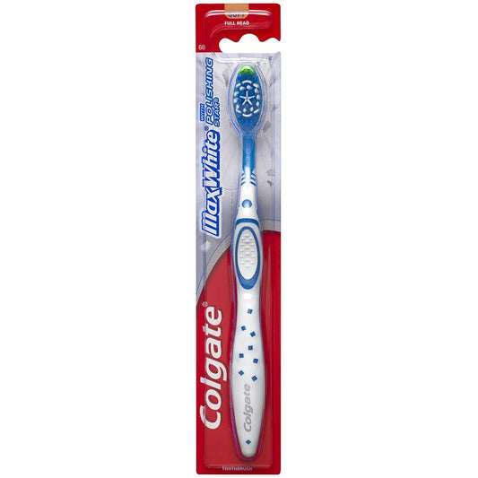 Colgate Max White soft adult toothbrush with full head design for effective teeth cleaning, shown in the image.