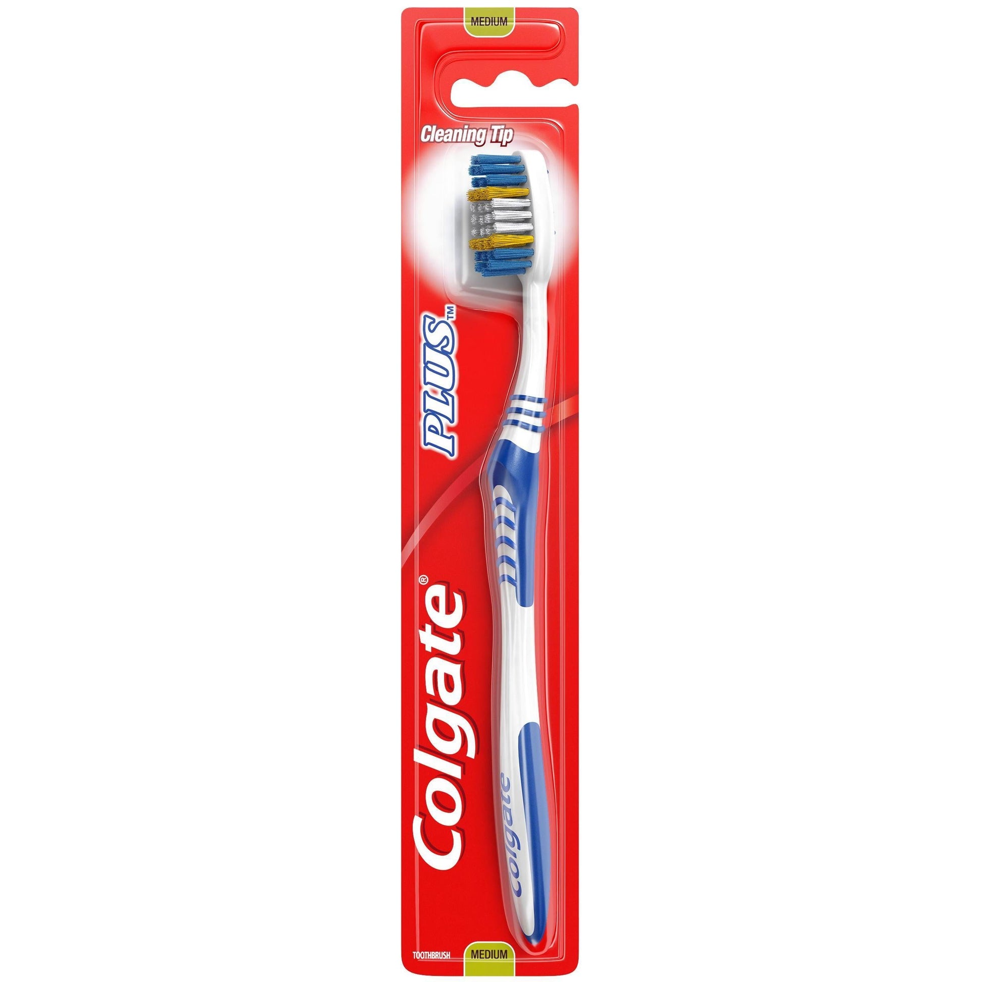 Colgate Plus adult manual toothbrush with medium bristles and deep clean design, displayed in a single package.