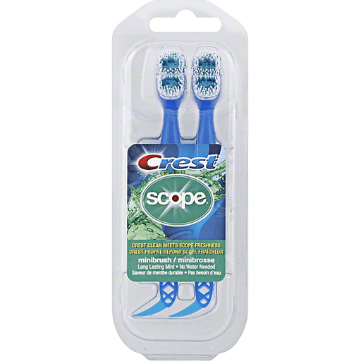 Crest Scope Minibrush toothbrush from Pasteur Pharmacy, small-sized toothbrush with blue and white bristles for effective cleaning.