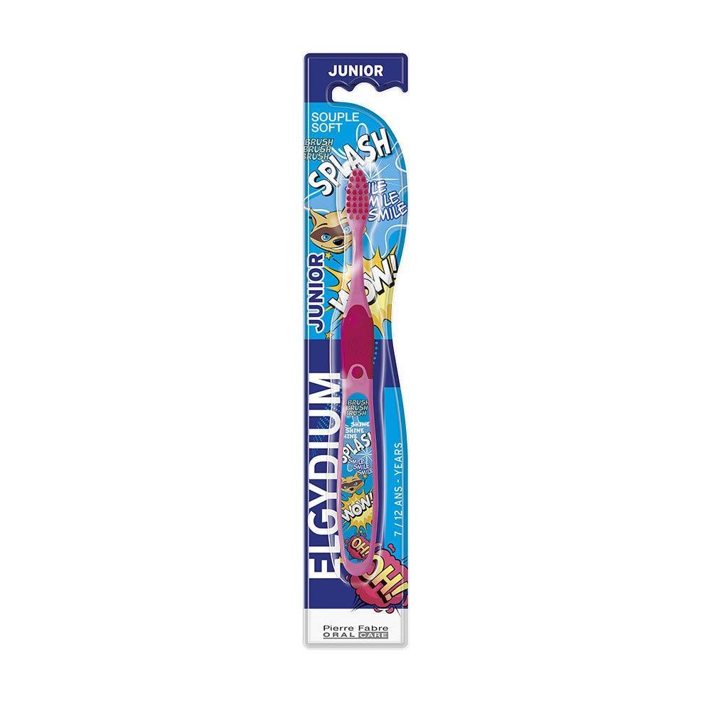Elgydium Junior Ice Age toothbrush for ages 7-12, pink color, designed for kids' dental hygiene, featuring soft bristles.