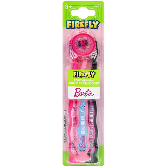 Set of Firefly 3+ Soft Barbie toothbrushes from Pasteur Pharmacy in a colorful value pack, ideal for children's dental care.