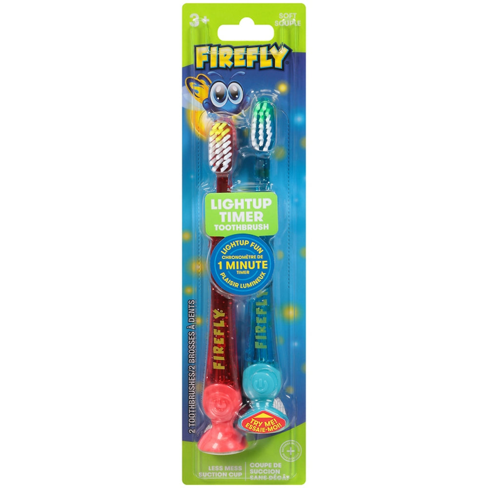 Two soft Firefly Kids' Light-Up Timer Toothbrushes by Pasteur Pharmacy with colorful handles for children’s oral care.