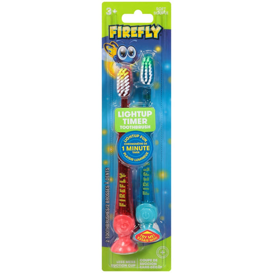 Two soft Firefly Kids' Light-Up Timer Toothbrushes by Pasteur Pharmacy with colorful handles for children’s oral care.