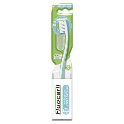 Fluocaril Interdental Precision Toothbrush Medium in Water Green by Pasteur Pharmacy, showing the toothbrush with water green handle and bristles.