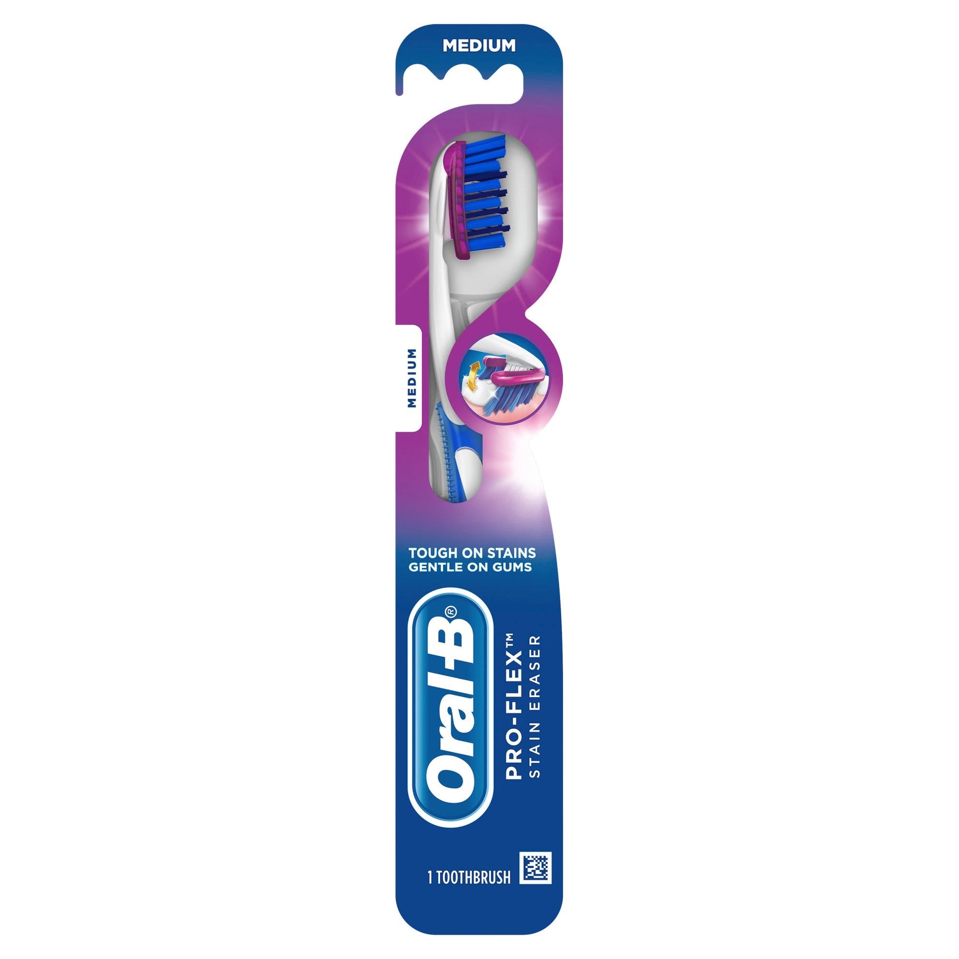Oral-B 3D White Luxe Medium Toothbrush with stain eraser, designed for effective teeth whitening and cleaning.