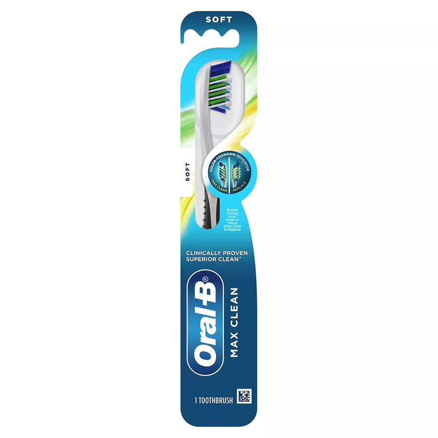 Oral-B Max Clean soft toothbrush with blue and white bristles, designed for gentle cleaning and oral hygiene.