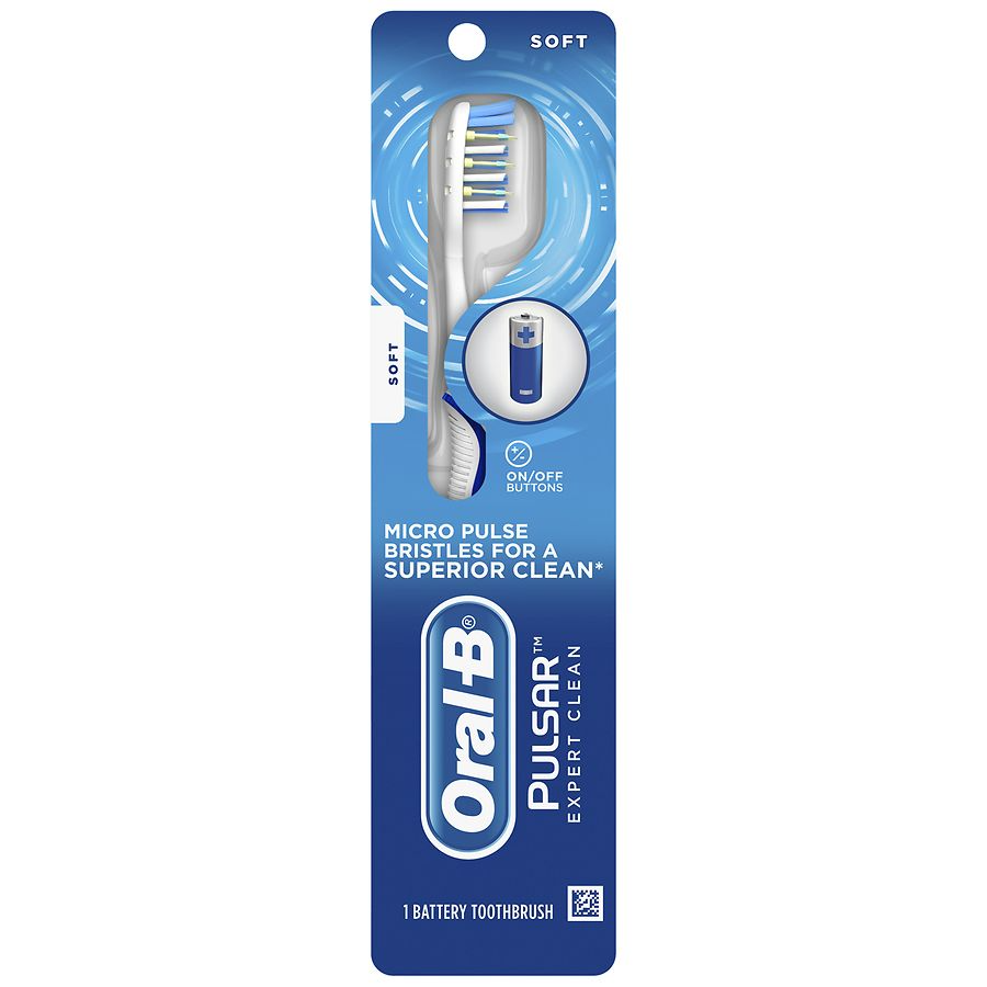 Battery-powered Oral-B Pulsar Expert Clean toothbrush with soft bristles, designed for gentle and effective oral hygiene.
